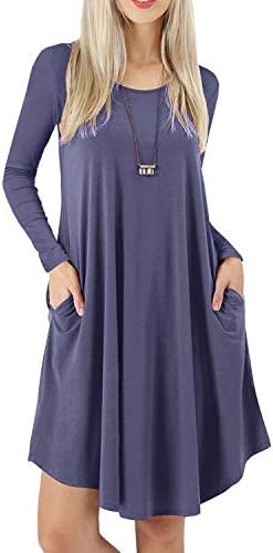 PrinStory Women's Casual Loose T Shirt Dress Long Sleeve Plain Swing Dresses with Pockets