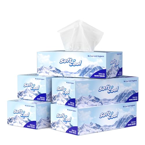 Image of Soft N Cool 2 Ply Facial Tissue Box | Car Tissue | Pack of 5 (150 Pulls Per Box, 750 Sheets) |100% pure, natural virgin paper - Ultra Soft, Absorbent Travel Essential | Made in Dubai (U.A.E)