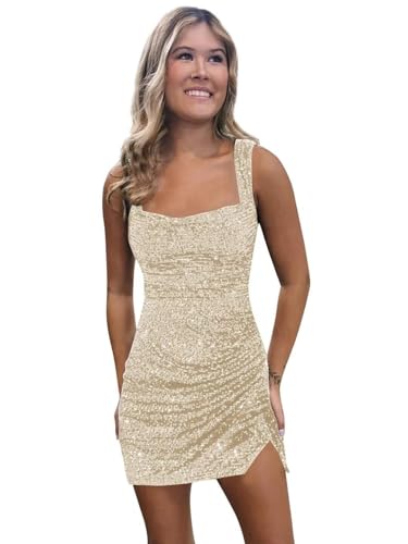 Teen's Sparkly Sequin Homecoming Dresses Square Neck Prom Dress Bodycon Split Cocktail Party Gown PF-DR10574