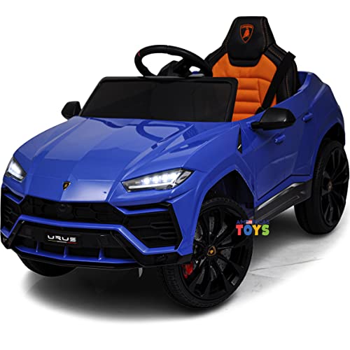 12V Ride On Car for Kids – Electric Car with Remote Control – Children Outside Toys with Open Doors, Power Display, Leather Seat, Music, Horn, Americas Toys Compatible with Lamborghini Blue
