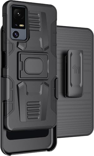 Case with Clip for Jitterbug Smart4 / TCL 40XL, Nakedcellphone Rugged Ring Grip Cover with Stand and [Belt Hip Holster] for Lively Smart 4 Phone (2023, T608G) - Black