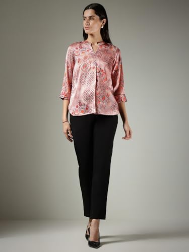 Image of FableStreet Women Shirt Work & Casual | Relaxed Fit Mandarin V-Neck Three-Quarter Sleeves Solid Pattern | Breathable Woven Fabric for Office & Everyday Wear