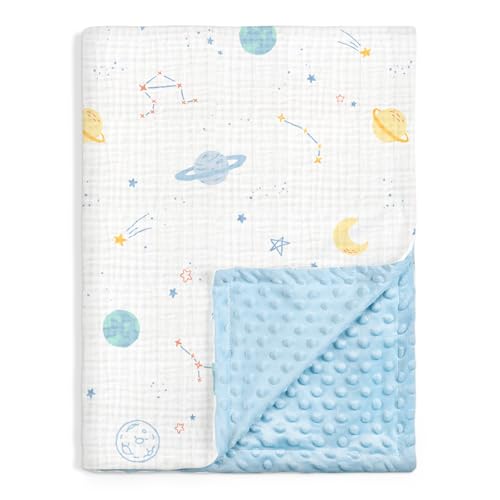 Image of Outer Space Baby Blankets for Boys, Soft Nursery Minky Blankets with Muslin and Dotted Fleece Back 30x40 inches, Receiving Bed Quilt for Newborn, Infants, Toddlers