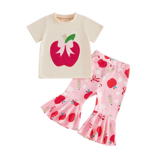 Lamuusaa Toddler Baby Girl Back to School Outfit First Day of School Shirt T-shirt Apple/Pencil Flared Pants Pre K Outfit (Pink 5-6 Years)