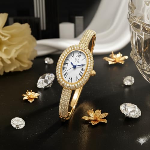 Image of TAKSH Jewels Elliora Luxe | Diamond-Encrusted Gold Bangle Watch | Roman Numeral Oval Dial