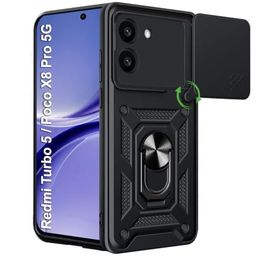 Image of TheGiftKart Tough Armor Bumper Back Cover Case for Mi Redmi Turbo 5 5G / Poco X8 Pro 5G | Kickstand & Ring Holder | 360 Degree Protection Back Cover Case (PC & TPU, Sliding Camera Cover, Black)