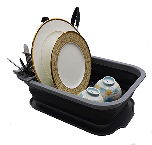 SAMMART Escurridor de platos plegable de 7.5L con tablero escurridor-Juego de rejilla de secado plegable-Organizador de vajilla portátil-Bandeja de almacenamiento de cocina que ahorra espacio