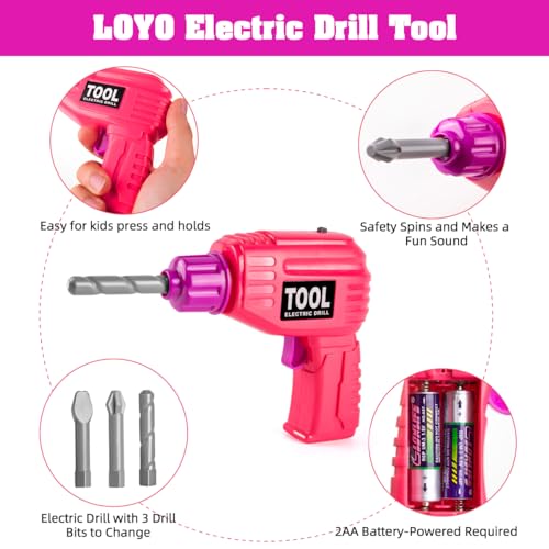 LOYO Kids Tool Set - 30Pcs Pretend Play Tool Toys with Kids Tool Belt, Electric Toy Drill, Construction Tool Box Kit Kids Toys Gift for Girl Boys Age 3 4 5 6 Years OldPink - Image 2