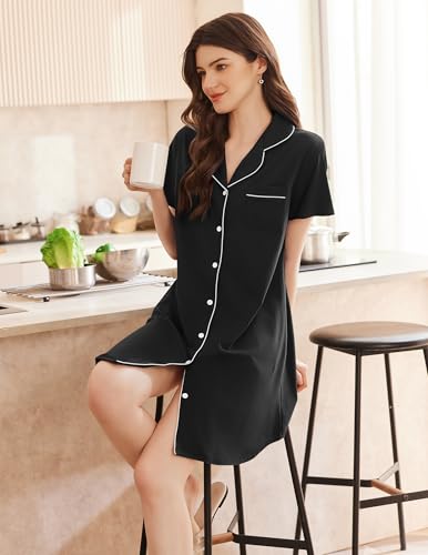 Ekouaer Nightgowns for Women Bamboo Viscose Sleep Shirts Button Down Night Shirt Short Sleeve Boyfriend Pajama Dress4