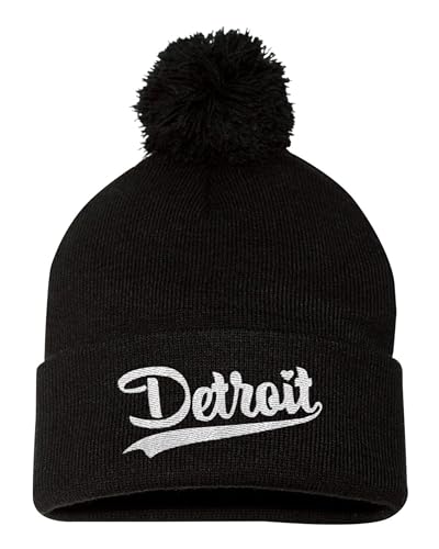 Go All Out One Size Black Pom City of Detroit Michigan Pride Embroidered Knit Beanie Pom Cap