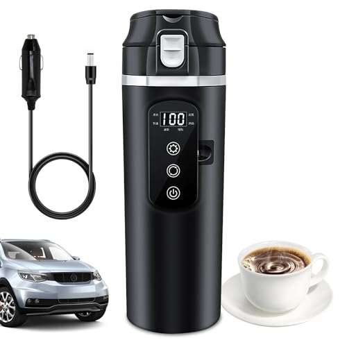PORFOYO Bollitore elettrico per auto, tazza da viaggio 24V/12V, bollitore elettrico da 500 ml, nero, in acciaio inox, con display per auto e viaggi