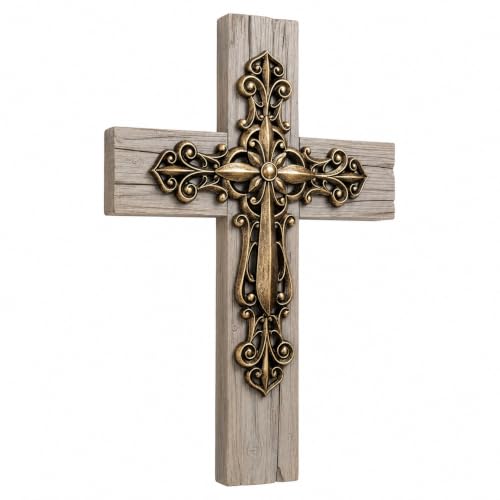 Comfy Hour 13" Decorative Layered Wall Cross, Antique Style Copper Tone Cross on Rustic Wood Look Base, Artisan Crafted Resin Plaque for Home and Office Wall Art