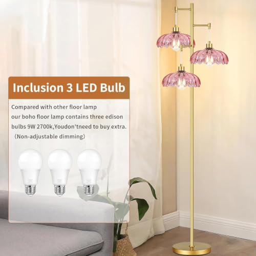 Image of QIYIZM Pink Floor Lamp for Living Room,Bedroom,Gold Mid Century Modern Standing Lamp Brass Tree 3 Light Tall Floor Lamps Vintage Retro Floor Lights Glass Flower Lamp Shade Farmhouse Boho Bohemian