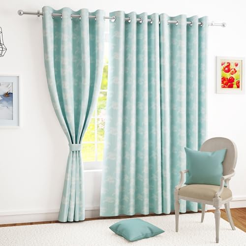 Story@Home Curtains 8 Feet Long Set of 2 | Room Darkening Curtain | Floral Print | Thermal Insulated Semi Long Door Curtain for Living Room | (116 X 242 Cm, Aqua & White) | Perfect for Home Decor