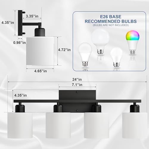 Image of 24 Inches Black Vanity Lights for Bathroom E26 Base White Lampshape