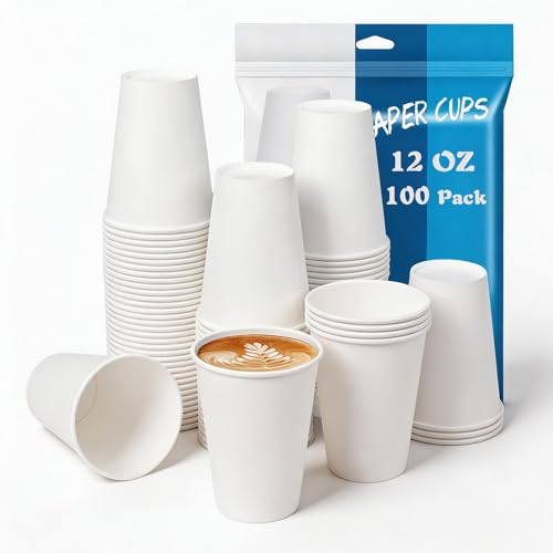 MOUMOULIFE 12 oz Disposable Paper Coffee Cups, 100 Count – Leak-Resistant White Cups for Hot & Cold Drinks, Ideal for Office, Party, Travel, To Go & Daily Use