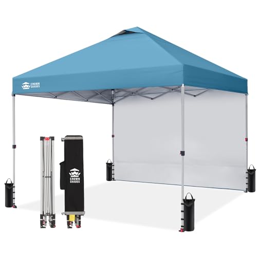 CROWN SHADES 10x10 Pop Up Canopy with 1 Side Wall - Beach Tent with One Push Setup - Outdoor Sun Shade for Events, Parties, Camping - Gazebo with STO-N-Go Cover Bag (Cyan Blue)