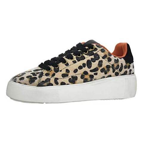 LUCKY STEP Women Rivet Stud Platform Sneakers - White Tennis Snake Leopard Student Low Top Casual Shoes Camel/Black Leopard Size: 6 UK Cover