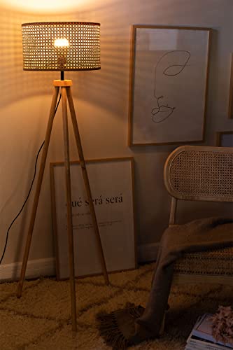 Image of AKWAY Bamboo Tripod Floor Lamp for Living Room Cane Floor Lamp for Home Rattan for Living Room Standing Lamp Wooden Floor Standing lamp for Bedroom (Bulb Not Included) (Wooden 14 inch x 8 inch Eye Webbing)