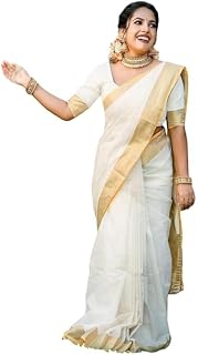 KHODIYAR TRENDZ Onam Special Women's Kerala Kasavu Cotton Saree With Running Blouse Piece (Saree 5.5 meter, Blouse 0.8 meter) Price In India