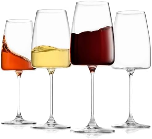 BENETI Luxury Wine Glasses Set of 4 | Handmade In Europe | 14oz Premium Crystal Red & White Long Stem Wine Glasses | Unique Modern Shape, Packaged In Beautiful Ready-to Gift, Gift Box