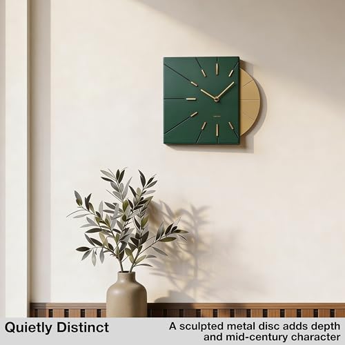 Image of Driini Mid Century Modern Wall Clock, Battery Operated, Green and Gold | Square MCM face with a minimalist midcentury look. Contemporary decorative analog design for kitchen, office or living room