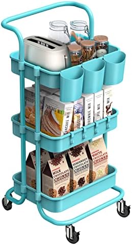 alvorog 3-Tier Rolling Utility Cart Storage Shelves Multifunction Storage Trolley Service Cart with Mesh Basket Handles and Wheels Easy Assembly for Bathroom, Kitchen, Office (Blue)