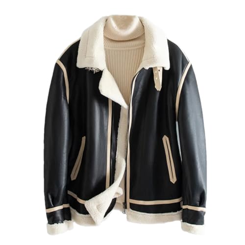 Manteau chaud en cuir homme avec col rabattu en fourrure synthétique épaisse