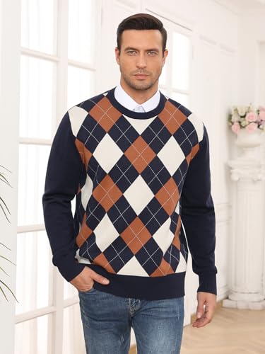 RQP Men's Crewneck Sweater Slim Fit Argyle Pattern Long Sleeve Knit Pullover Sweater for Casual Or Dressy Wear3