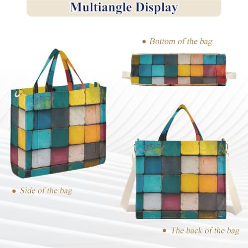 Bolso tote de pana para mujer con diseño colorido en bloques - Bolso cruzado grande y elegante de pana para uso diario miniatura 7