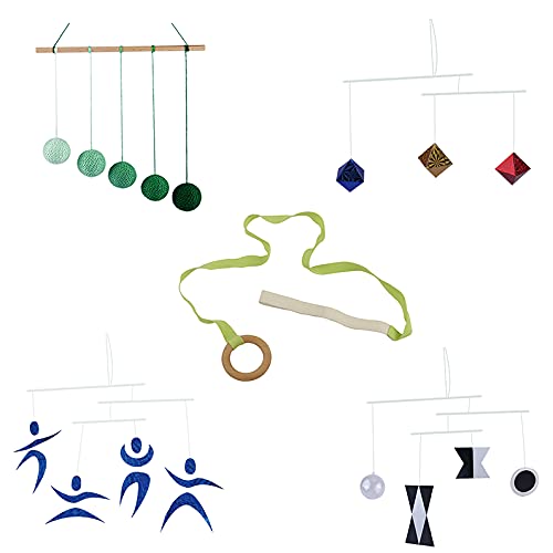 Image of Montessori Set of 5 for 0-6 Months: Munari, Octahedron, Green Gobbi, Dancers, & Grasping Ring Mobiles