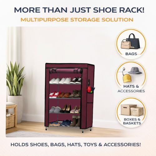 Image of Metal Shoe Stand with Cover, 4 Tier Shoe Organizer for Home & Office - Maroon