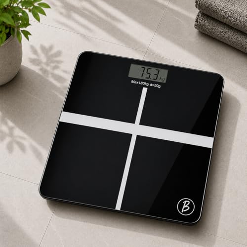 Image of Btag Premium Digital Body Weight Scale | 26x26 cm Wide Platform | Clear LCD Display | Anti-Skid Base | 180 kg Capacity Cross Design (Black)