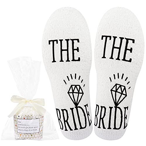 Valporia Socks for Bride Bridal Shower Gift for Bride Fuzzy Fluffy Funny Bridal Gifts for Women (White-bride)