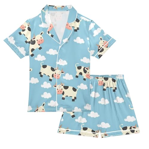 ALAZA Cow White Cloud Pajamas Satin Pajama Set Short Sleeve Button Down Sleepwear