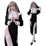 [JUNDOMECY] シスター コスプレ セクシー 修道女 衣装 6点セット 大きいサイズ ハロウィン 仮装 聖女 修道服 大人 レーディス 可愛い エッチ 純欲風 十字架 ワンピース ストッキング付き イベント 学園祭 文化祭 撮影 (S)