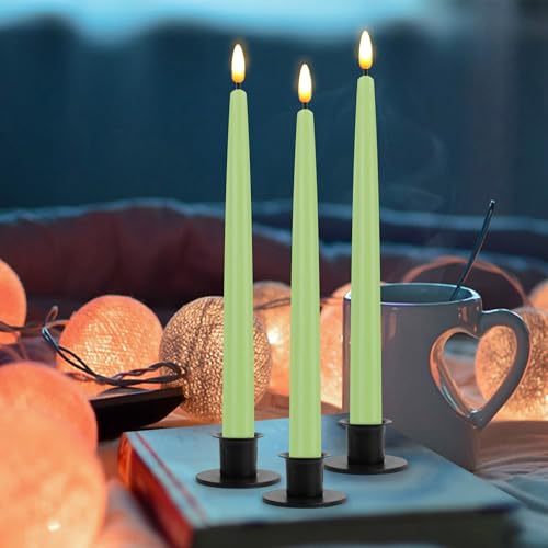 Image of CVHOMEDECO. Flameless Taper Candles with 10-Key Remote, Battery Operated Led Flickering 3D Wick Window Candles Real Wax Finished Home Christmas Party Decor 0.78 x 11 Inch, Pack of 3, Light Green