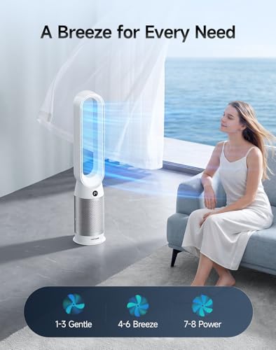 KOMORE 3-in-1 Bladeless Tower Fan & Air Purifier & Heater Combo, Tower Fan with 8 Speeds, App Control, Silen DC Motor, 80°Oscillating Standing Bladeless Fan, 9H Timer, Cooling Fans for Bedroom, Office - Image 6