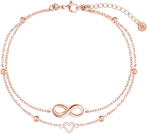 day.berlin Damen Fußkettchen Alia in Rosegold 18k vergoldet zweireihige Fußkette mit Herz & Infinity Symbol 316L Edelstahl 22cm + 5cm verstellbar nickelfrei und wasserfest