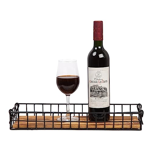 ExoLiry Rustic Torched Brown Wood Serving Tray Industrial Metal Wire Frame Handles Mesh Basket Rectangular Wooden Display Box Tabletop Kitchen Living Room Breakfast Party Office Supplies Decors