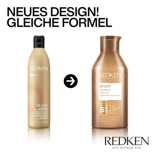 Redken Spülung für trockenes und brüchiges Haar, Belebt und hydratisiert, Mit Fettsäuren, Antioxidantien und Argan-Öl, All Soft Conditioner, 500 ml