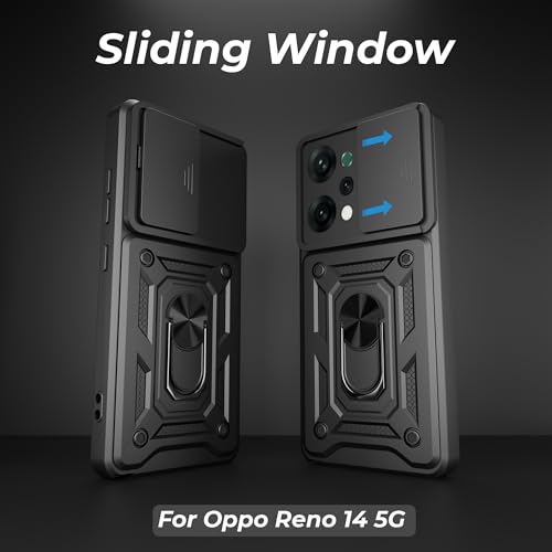 Image of A rtistque Armor Bumper Back Case Cover for Oppo Reno 14 5G | Stylish Ring Holder & Inbuilt Stand | Sliding Camera Cover | Shockproof TPU Protective Design | Oppo Reno 14 Back Cover - Black