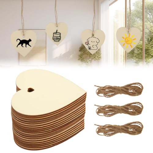 CYEAH 150 Pcs Wooden Hearts for Crafts, 3 in Natural Heart Wood Slices, Wooden Ornaments Unfinished Predrilled Wood Heart Embellishments with Natural Twine for DIY Art Projects, Christmas Ornaments