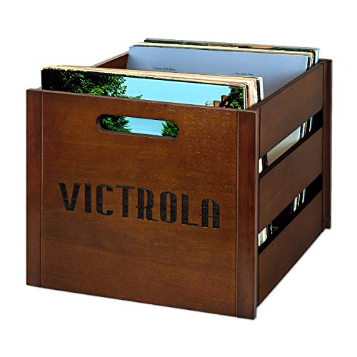 Image of Victrola Wooden Record Crate - Tabletop Vinyl Album Holder, No-Tool Assembly, Holds Over 50 Records, Real Wood Construction, Elegant Design (Espresso)