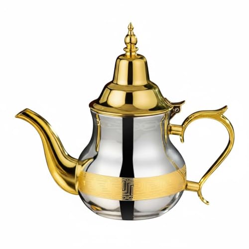Leefasy Stainless Steel Teapot Polished Curved Spout Ornamental Coffee Pot Decorative Middle Eastern Kettle Suitable for Parties Home Service, Moroccan, Laser Engraved, Gold And Silver Two-Tone-B