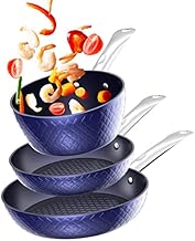 RAINBEAN Blue Diamond Pots and Pans Cookware 3-Pc Set - 7.9" Diamond-Infused Ceramic Nonstick + 9.5" Diamond-Frying Pans Nonstick with Lid + 7" Saucepan Nonstick Sauce Pot with Glass Lid- Pre-Seasoned Chef's Essentials Kit - Stovetop, Grill, Indoor/Outdoor