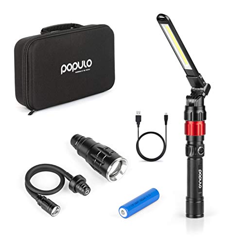 POPULO 3 IN 1 Led Flashlight with Flexible Gooseneck and Slim Bar Light, Led Work Lights with Magnetic Base, 400 Lumens 18650 Rechargeable Flashlights for Household, Camping and Car Repair