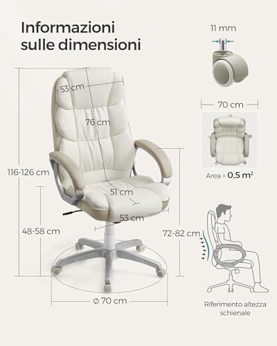 Sedia da Ufficio, Sedia da Gaming, Sedia da Scrivania, Poltrona Direzionale, Ergonomica, Girevole e Regolabile in Altezza, con Ruote, Bianco Crema OBG024W01 - Sedia gaming - Immagine 2