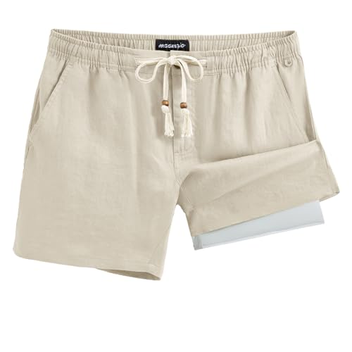 Image of maamgic Mens Casual Linen Shorts 5.5 Inch Elastic Waist Drawstring Summer 2 in 13 Beach Short with Pockets,Light Khaki,L