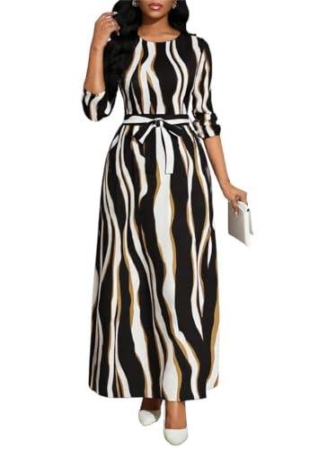 Image of Maxi Dresses for Women Casual Long Sleeve Crewneck Floor Length Dress | Floral Print,Swing,Soft Fabric,with Belt and Pockets